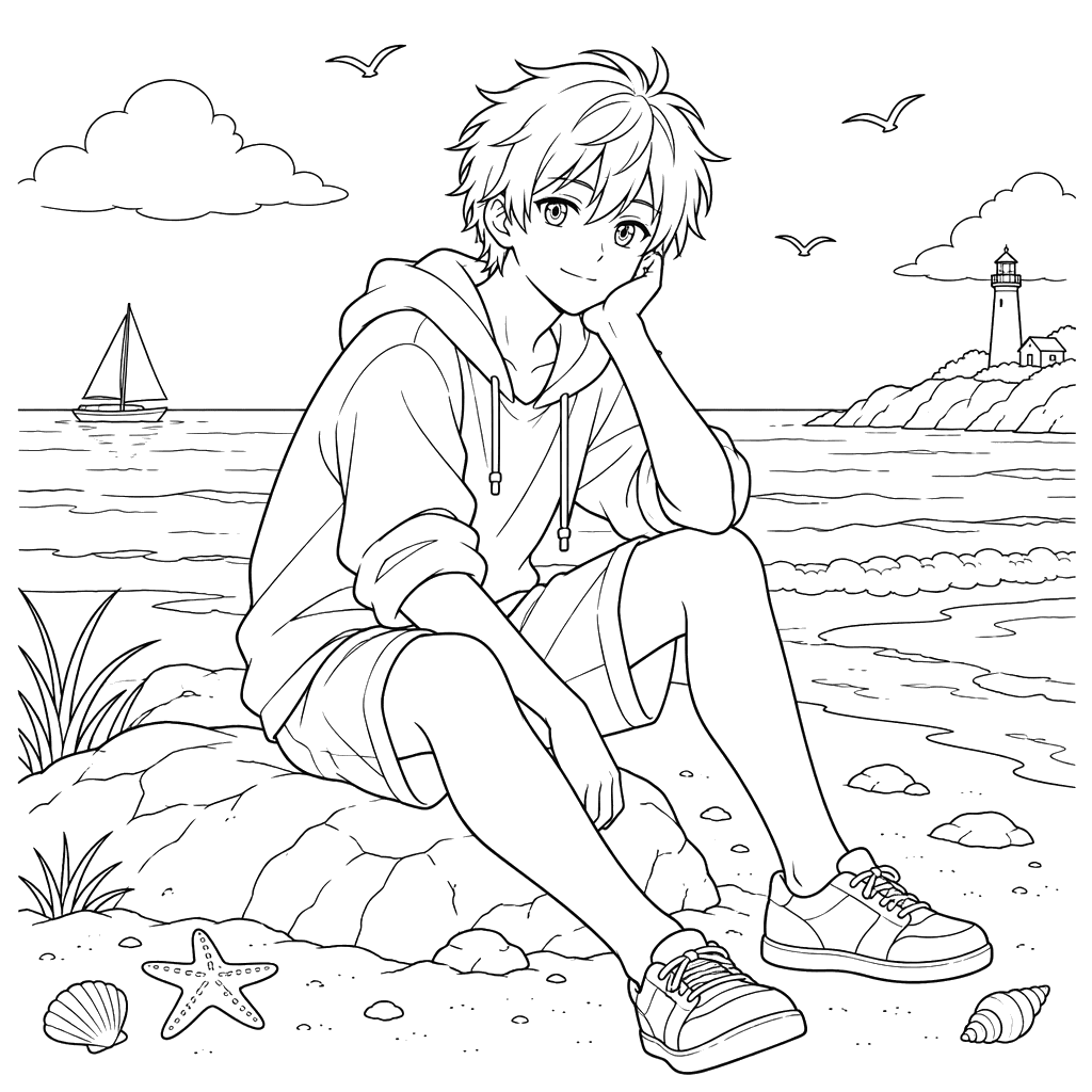 Anime Boy on a Rocky Beach Coloring Page