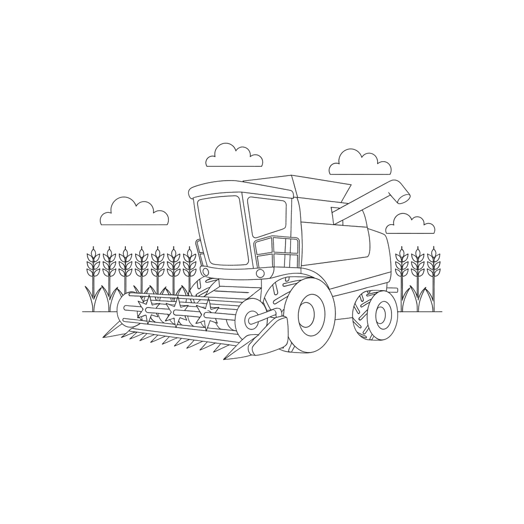 Combine Harvester in Wheat Field Coloring Page