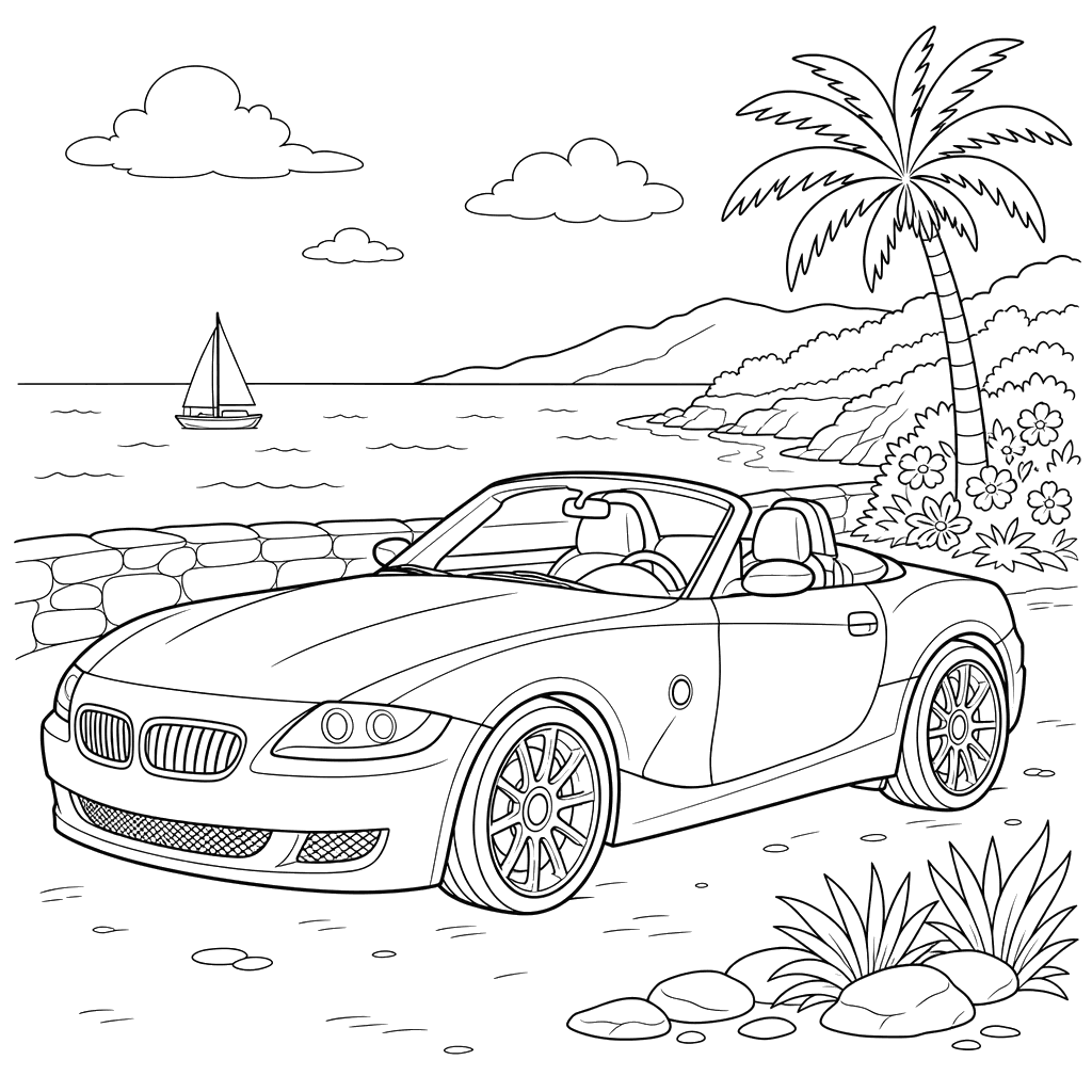 Convertible Car on the Beach Coloring Page