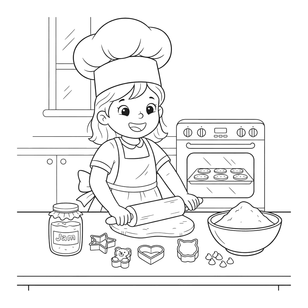 Girl Baking Cookies Coloring Page