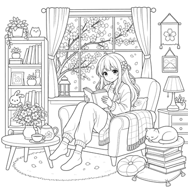 Cozy Anime Room Coloring Page