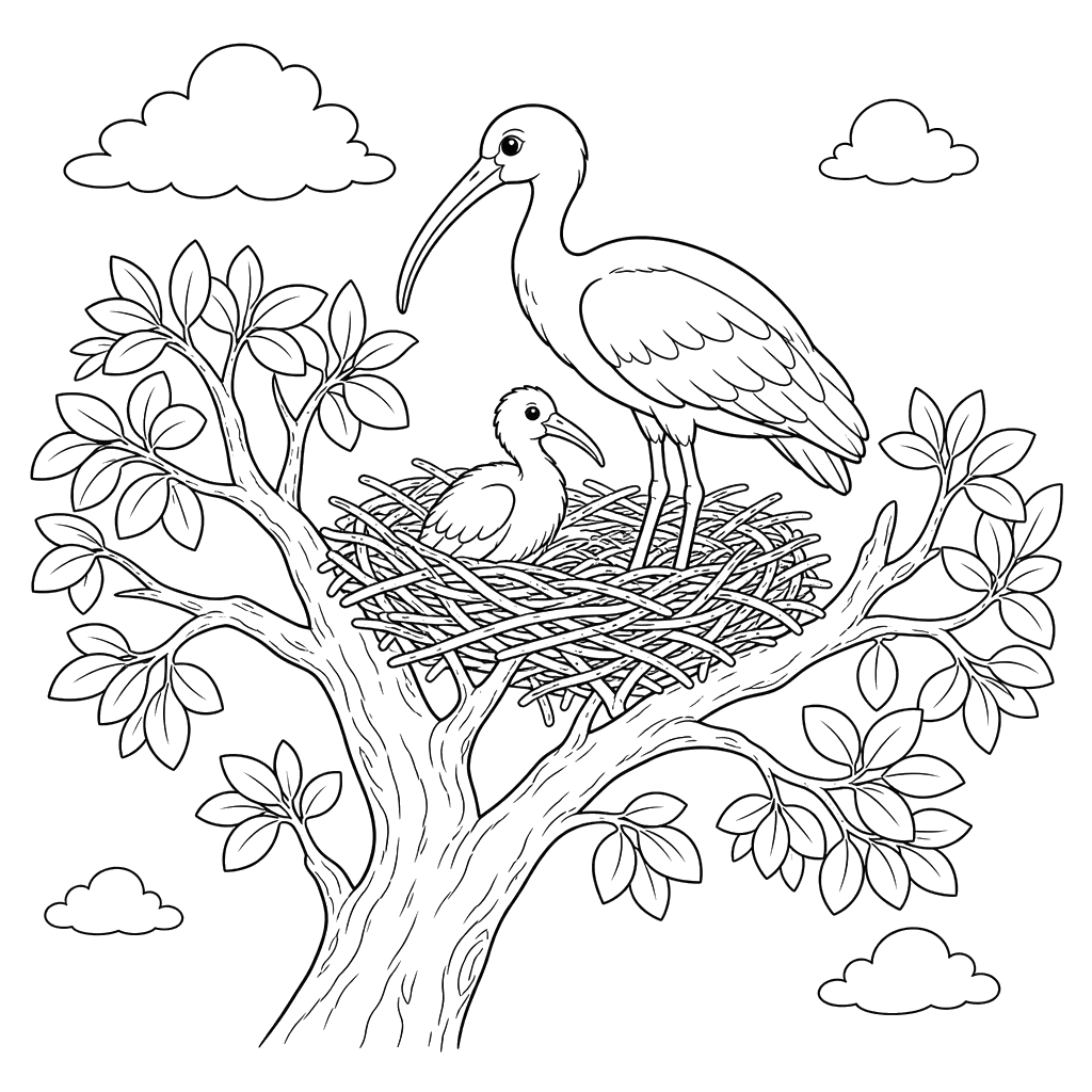 Crested Ibis Nesting on a Tree Coloring Page
