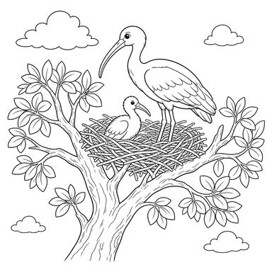 Crested Ibis Nesting on a Tree Coloring Page