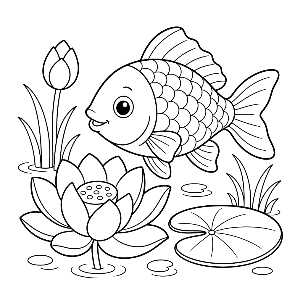 Crucian Carp by a Lotus — Coloring Page