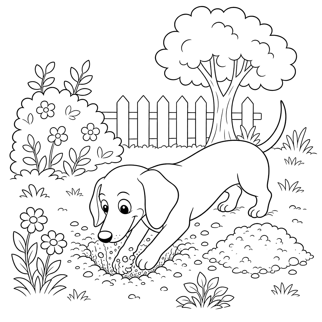Dachshund Digging a Hole in the Garden Coloring Page