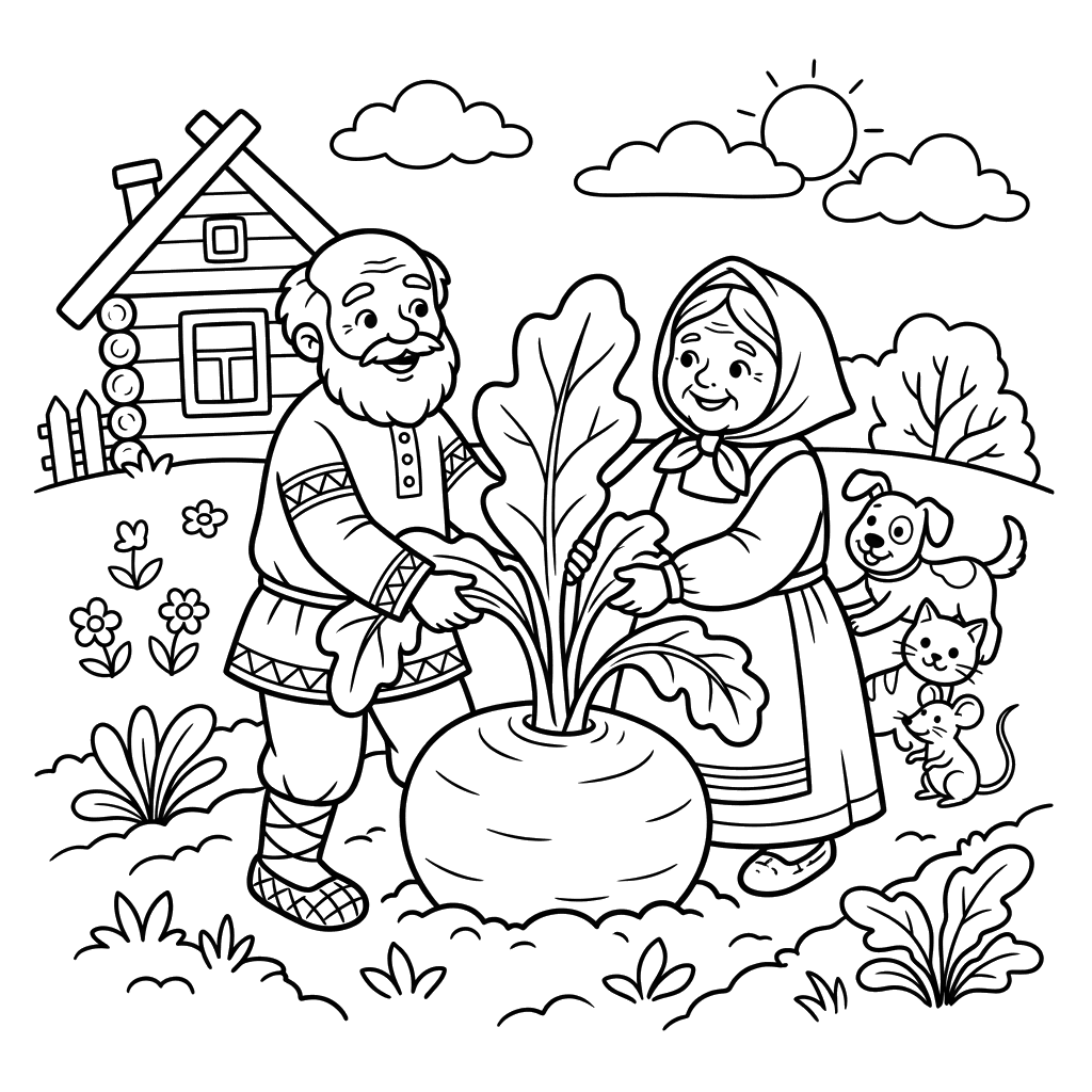 Grandfather, Grandmother, and the Turnip Coloring Page