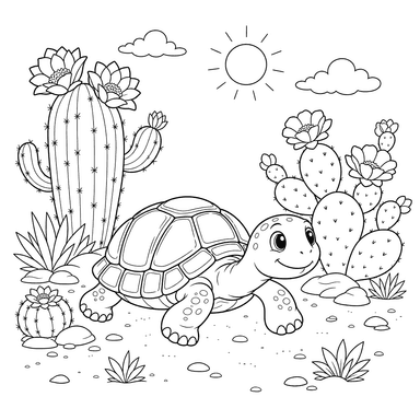 Desert Tortoise and Blooming Cacti