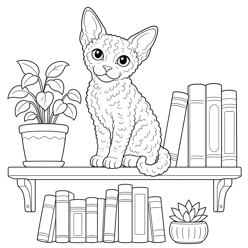 Devon Rex Cat on Bookshelf