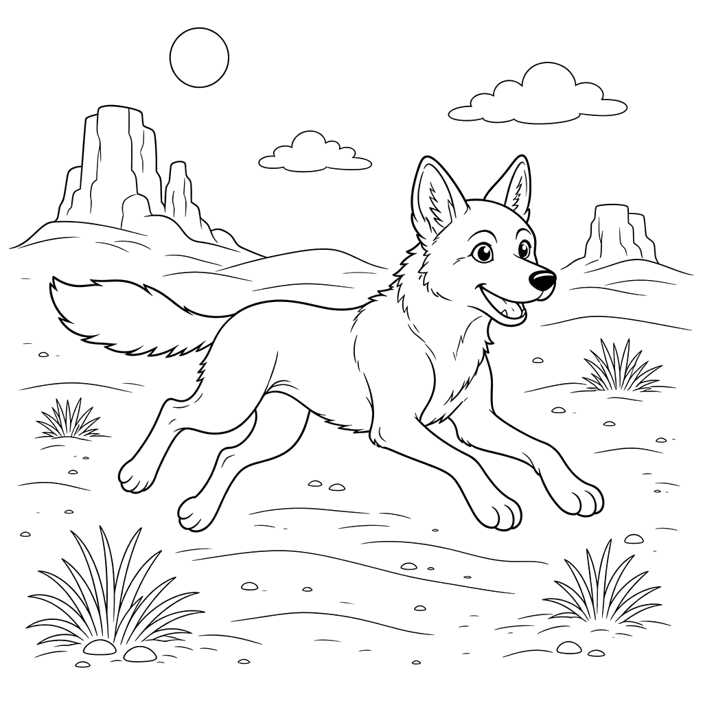 Dingo Running in the Desert Coloring Page