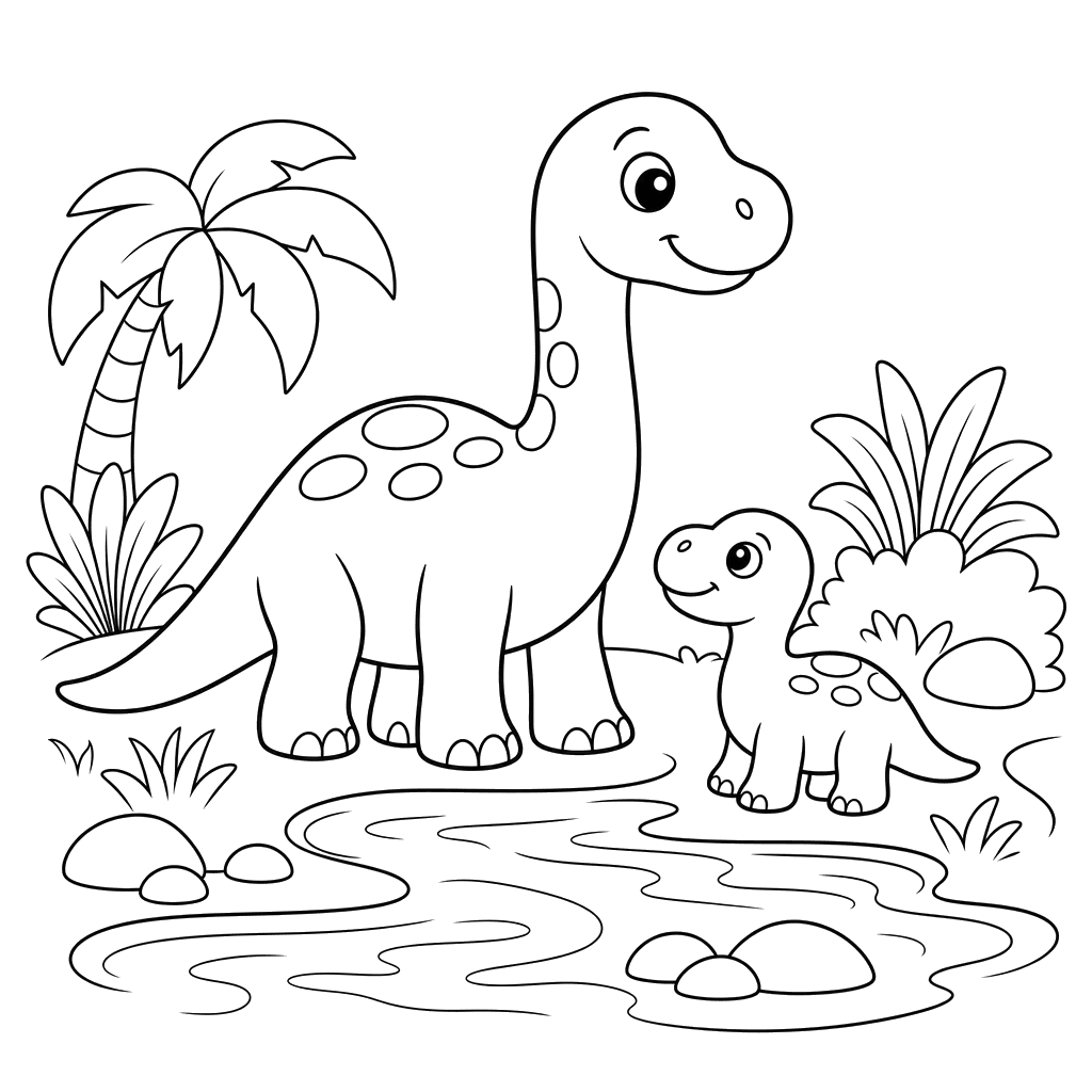 Dinosaur and Baby by the River