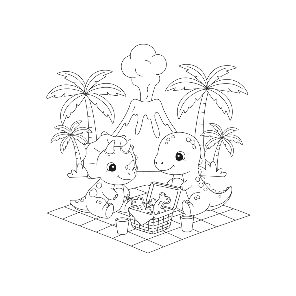 Baby Dinosaurs Picnic Coloring Page