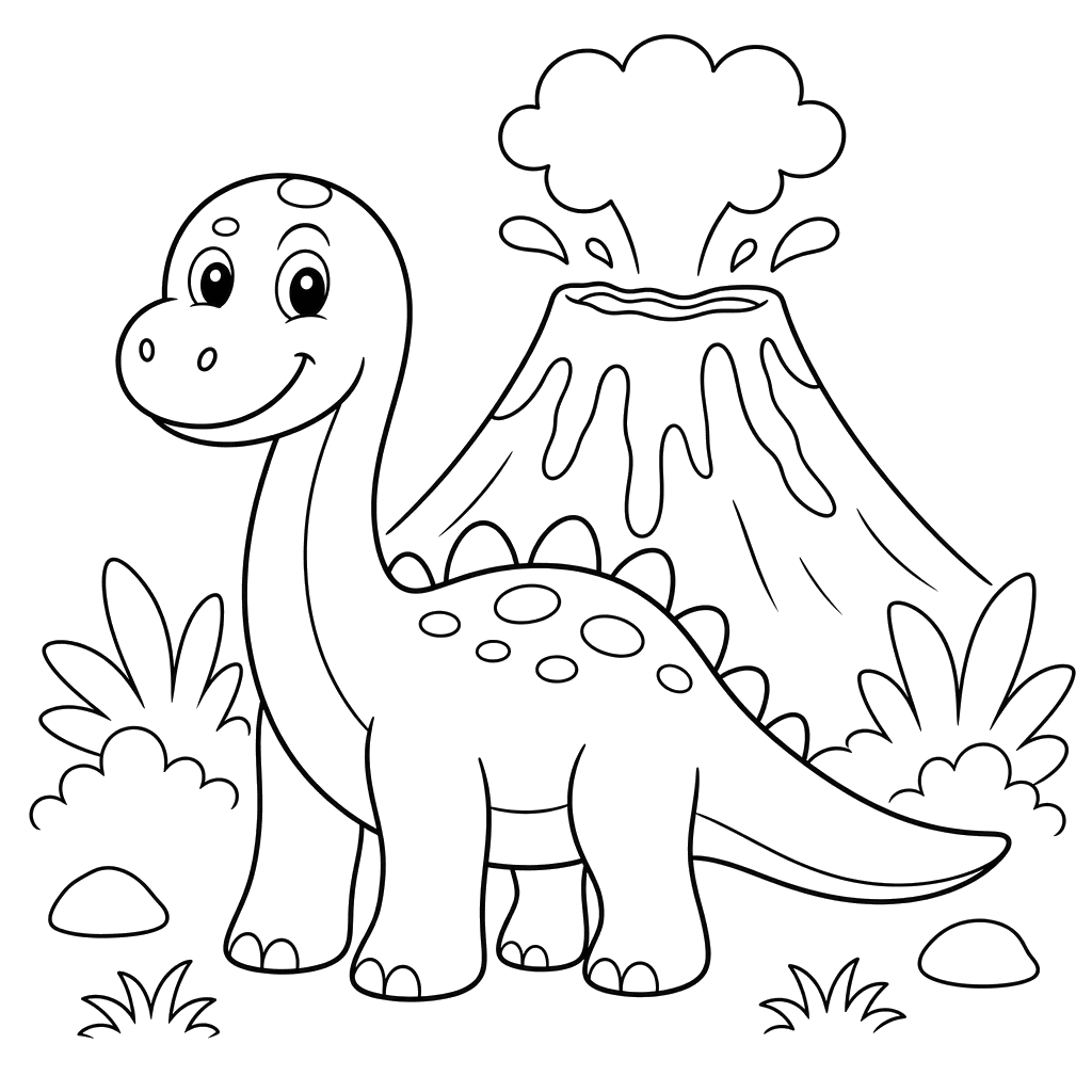 Dinosaur and Volcano Coloring Page
