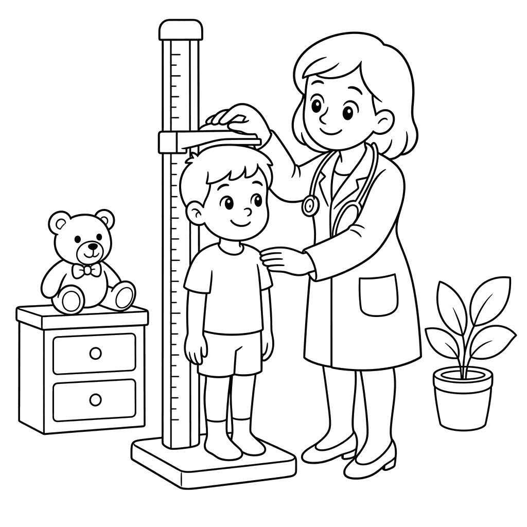 Doctor measures child's height coloring page