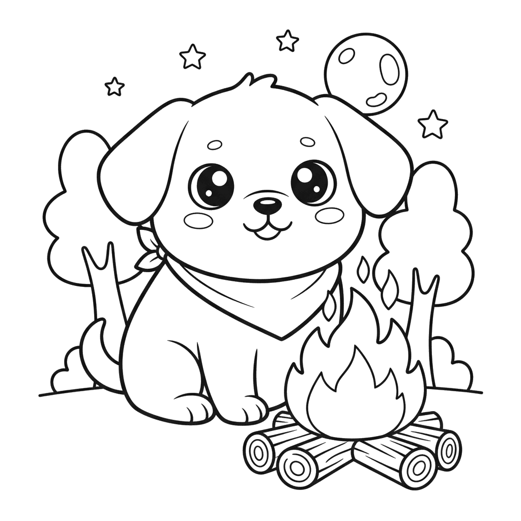 Cute Dog by Campfire Coloring Page