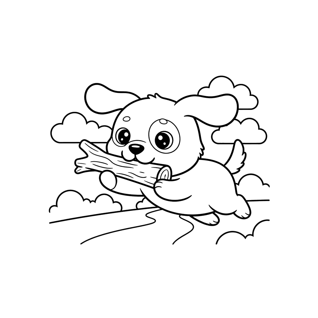 Dog Catching a Stick Coloring Page
