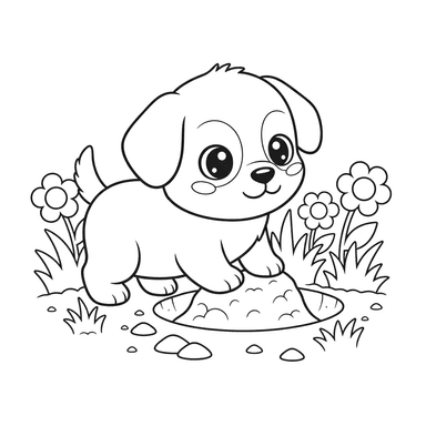 Cute Dog Digging a Hole Coloring Page