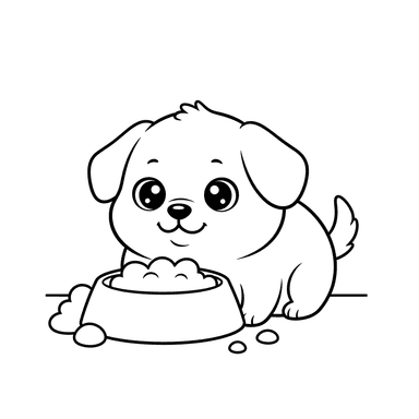 Cute Dog Eating from a Bowl Coloring Page