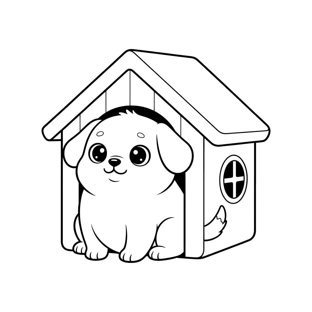 Cute Dog in Doghouse Coloring Page