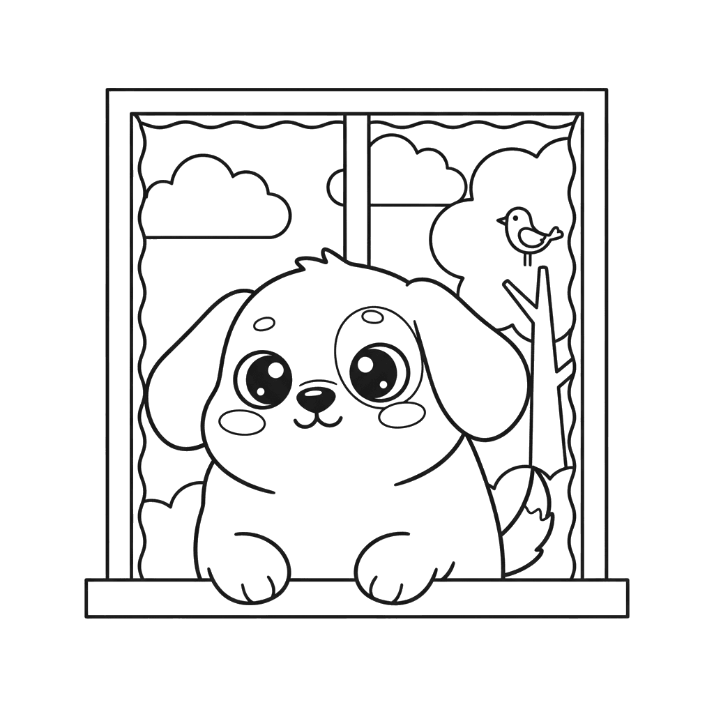 Cute Dog Looking Out Window Coloring Page