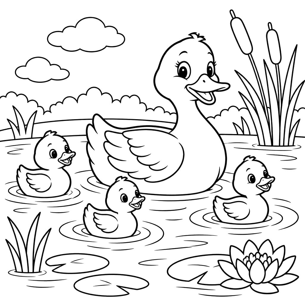 Mother Duck and Ducklings in a Pond