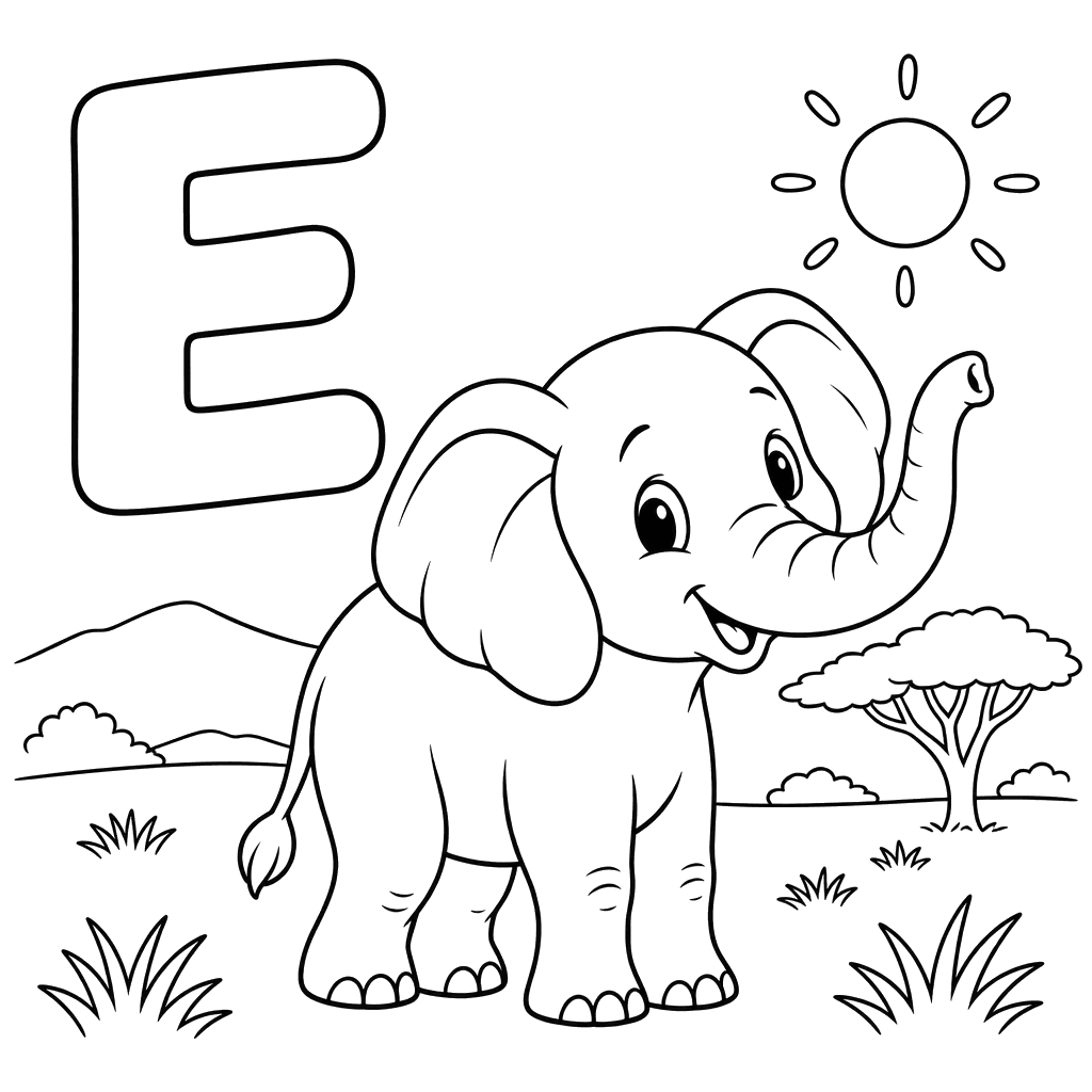 Letter E and Elephant in the Savanna Coloring Page