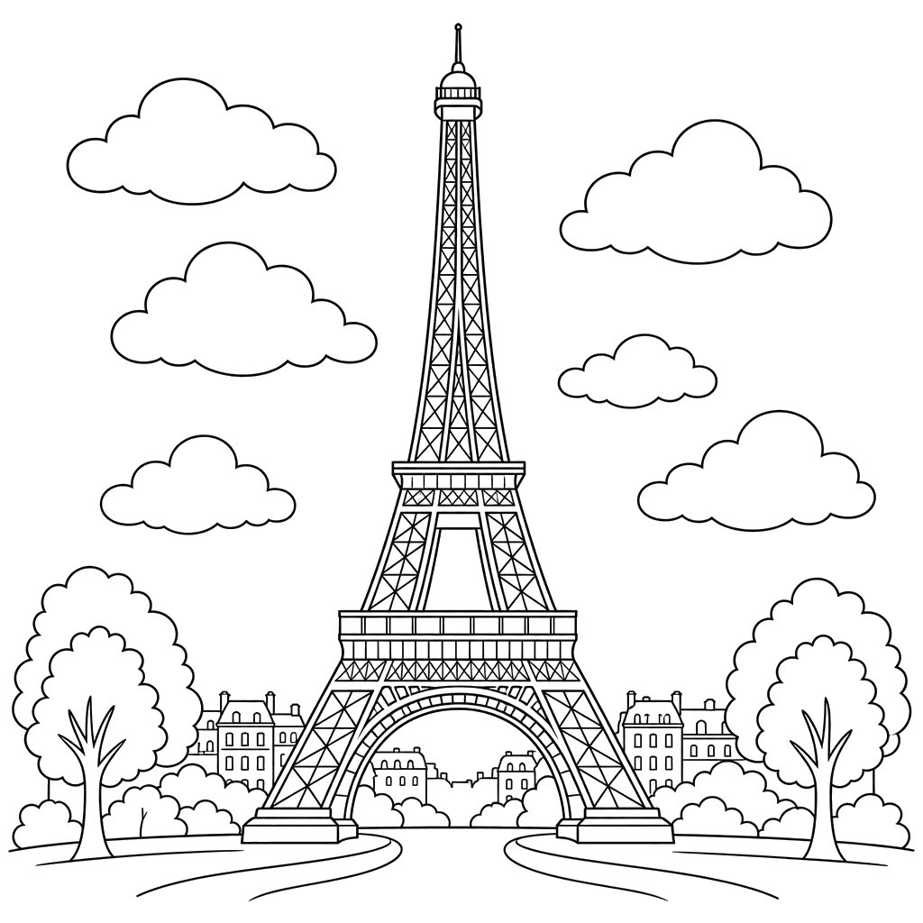 Eiffel Tower with Clouds Coloring Page