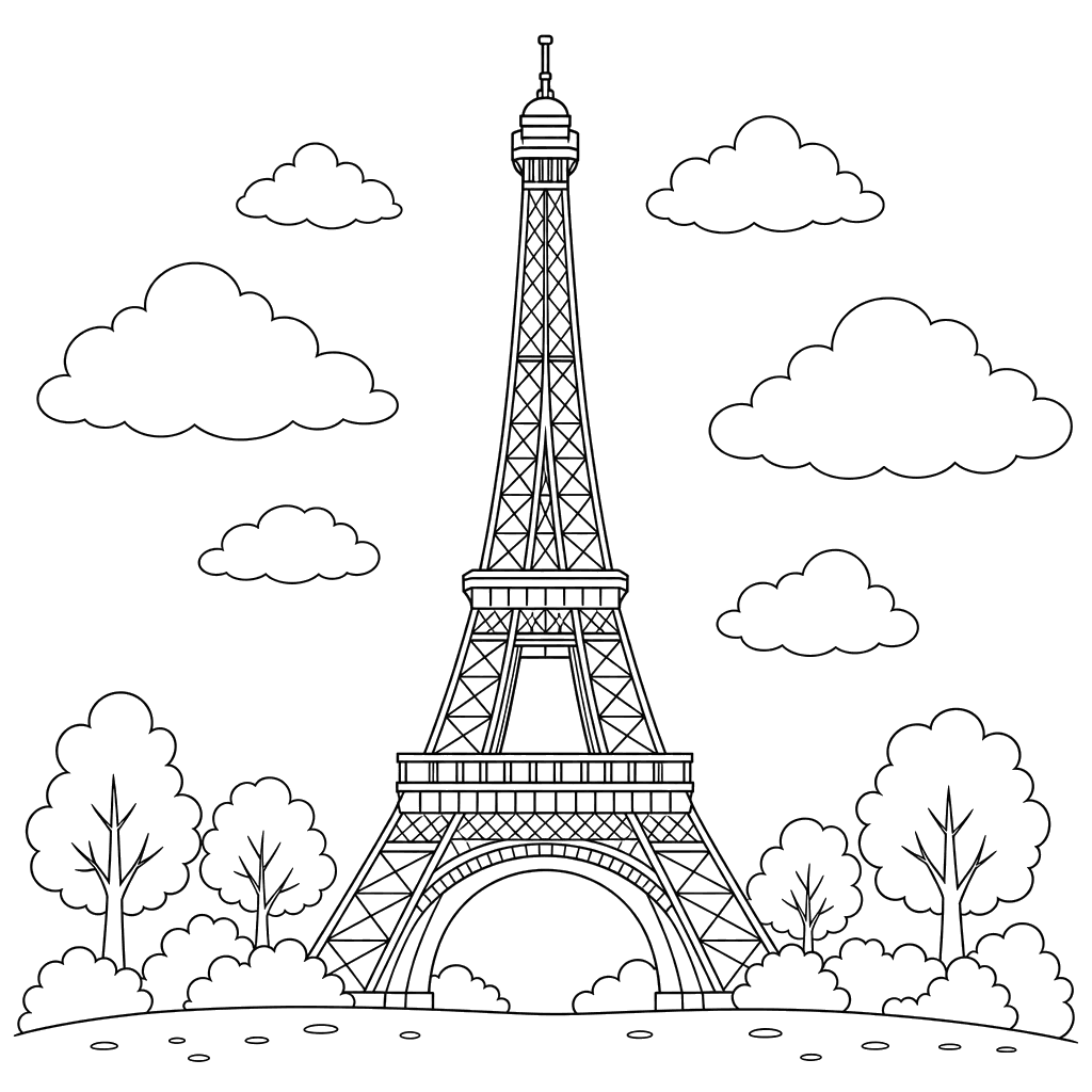 Eiffel Tower with Clouds Coloring Page