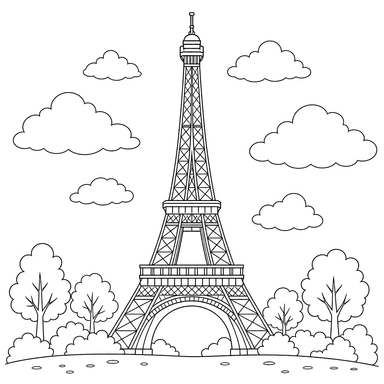 Eiffel Tower with Clouds Coloring Page