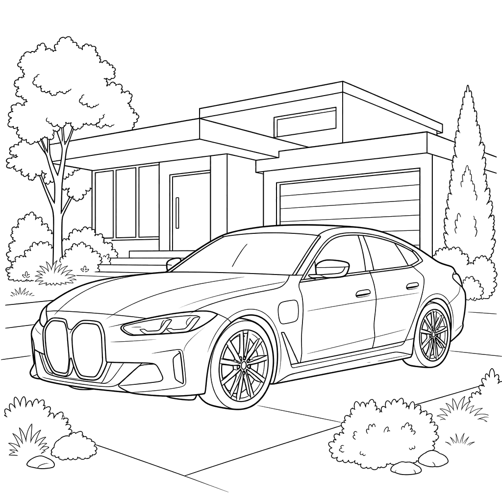 Electric Car BMW i4 and Modern House