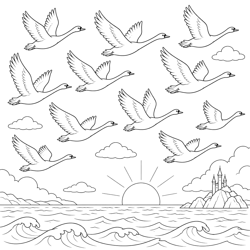 Eleven Swans Flying Over the Sea