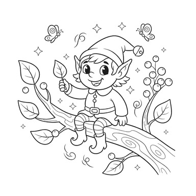Elf on a Tree Branch Coloring Page