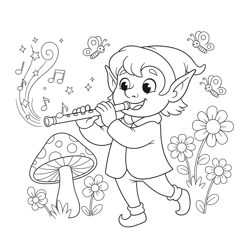 Elf Playing Magic Flute Coloring Page