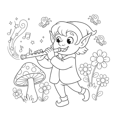 Elf Playing Magic Flute Coloring Page
