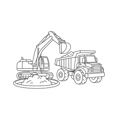 Excavator and Dump Truck Coloring Page