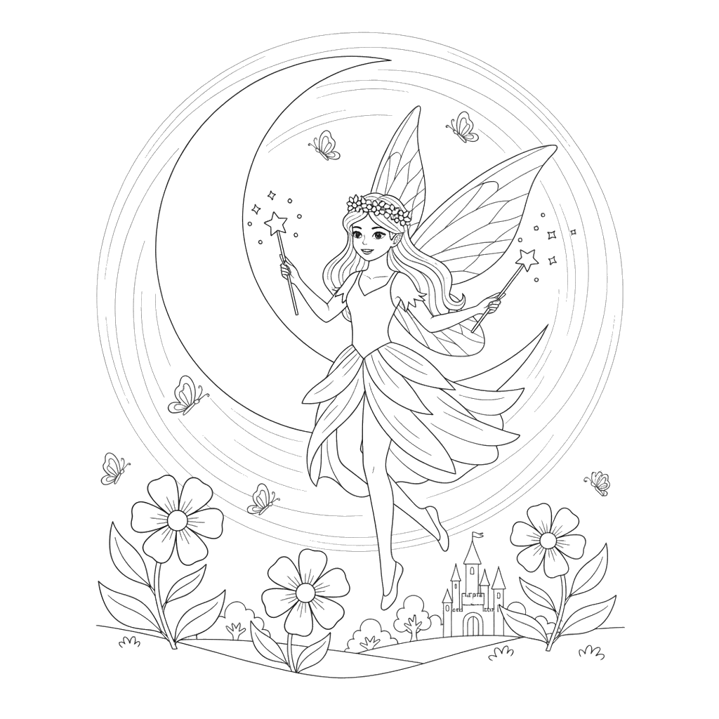 Fairy Dancing in Moonlight Coloring Page
