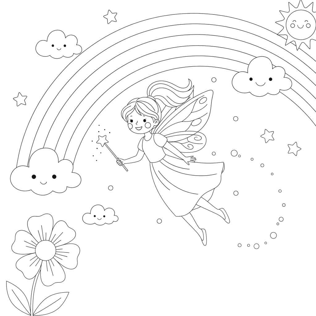 Magical Fairy Flying Through a Rainbow Coloring Page