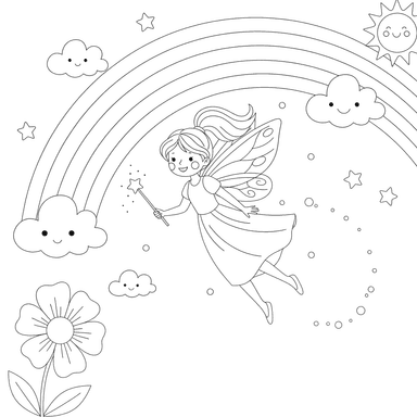 Magical Fairy Flying Through a Rainbow Coloring Page