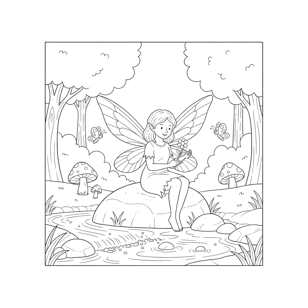 Fairy by the Forest Stream Coloring Page