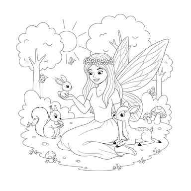 Fairy Playing with Forest Animals Coloring Page