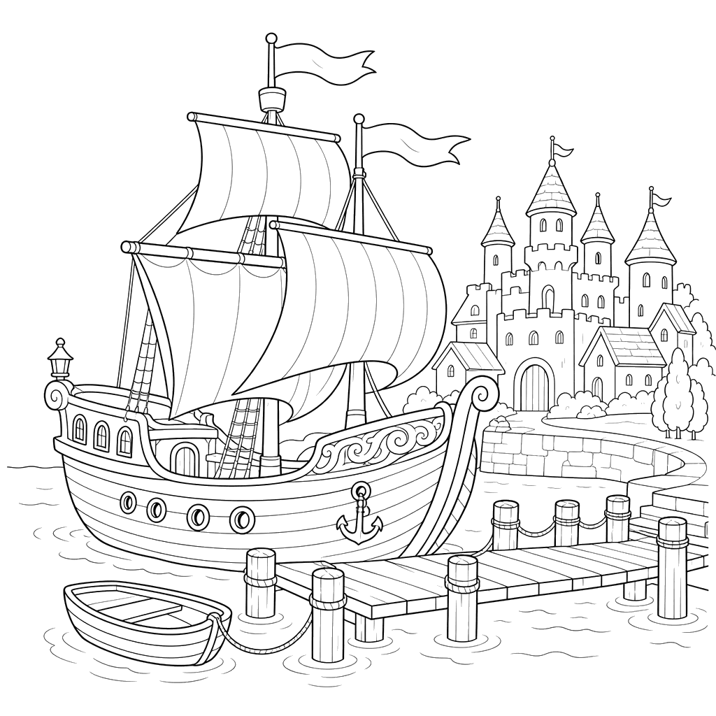 Fairy Ship in the Harbor Coloring Page