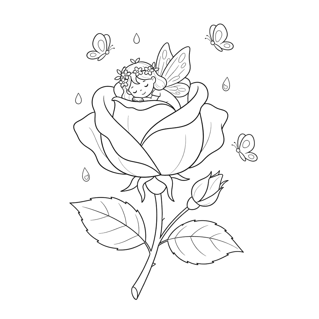 Fairy Sleeping in a Rose Bud Coloring Page