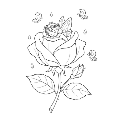 Fairy Sleeping in a Rose Bud Coloring Page