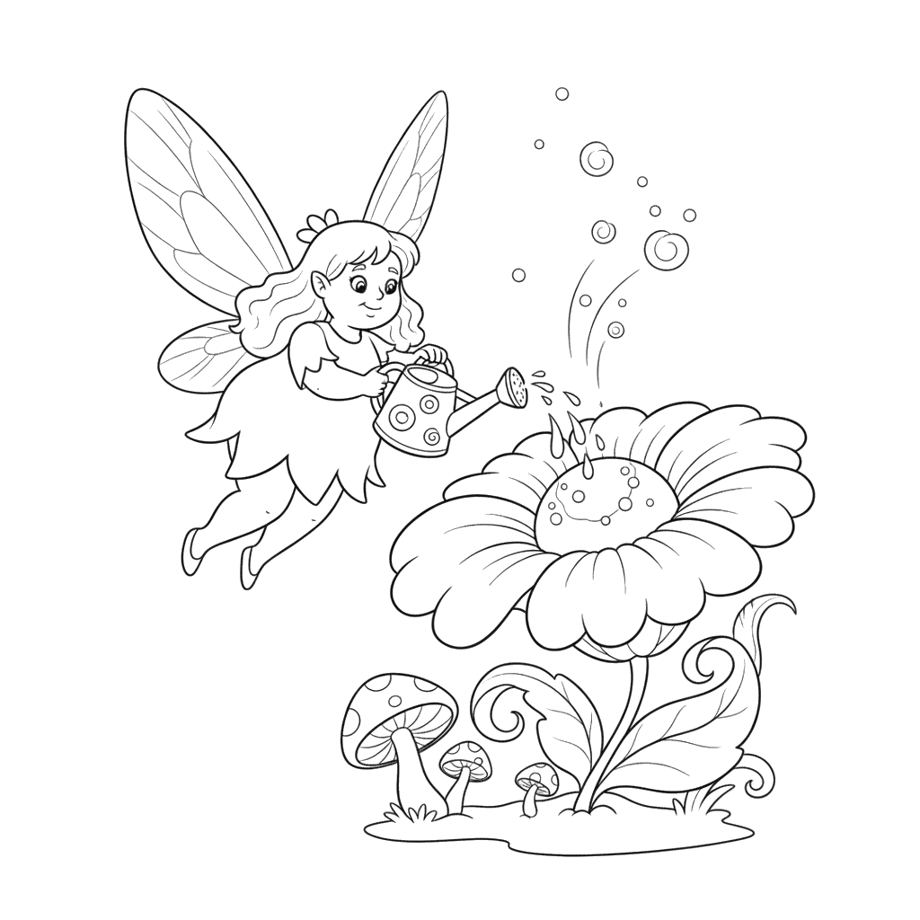 Fairy Watering Magic Flower Coloring Page