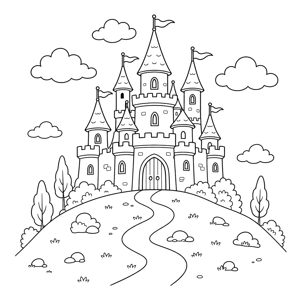 Fairytale Castle on a Hill Coloring Page