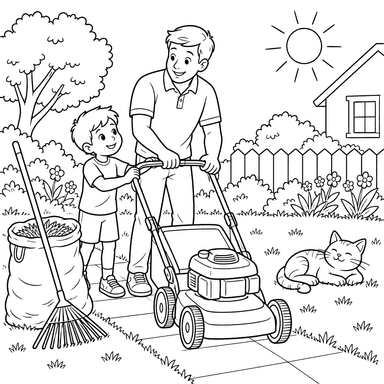 Father and Son with Lawn Mower Coloring Page
