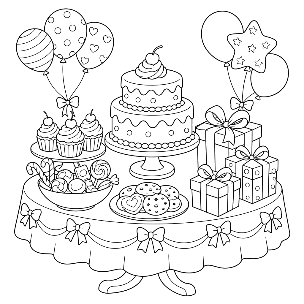 Festive Table with Gifts and Sweets Coloring Page