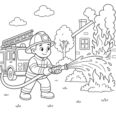 Firefighter Extinguishing Fire Coloring Page
