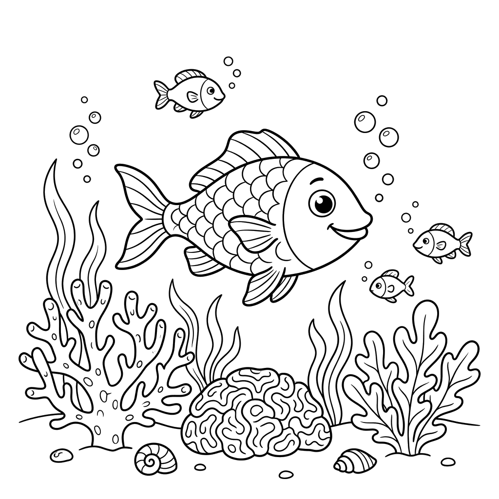 Fish Swimming in Coral Reef Coloring Page