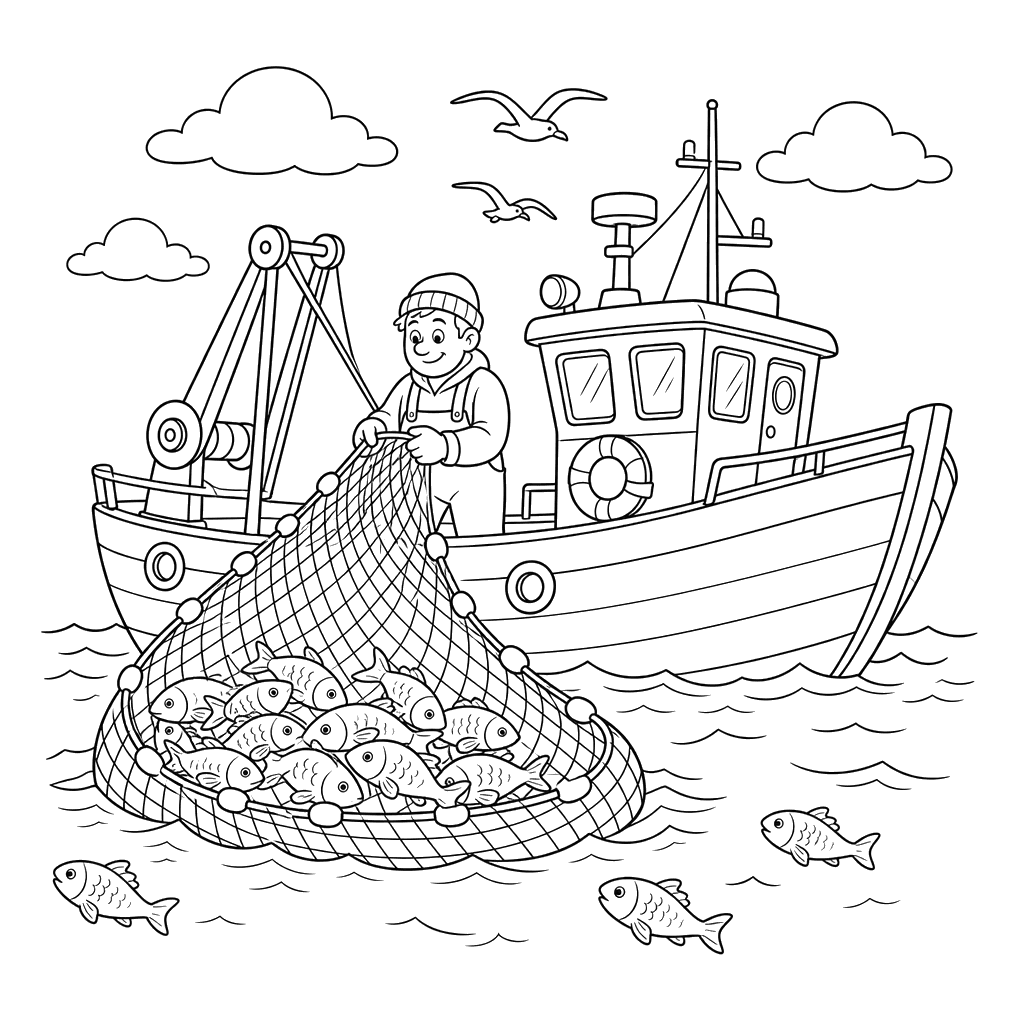 Fishing Boat Hauling Nets Coloring Page