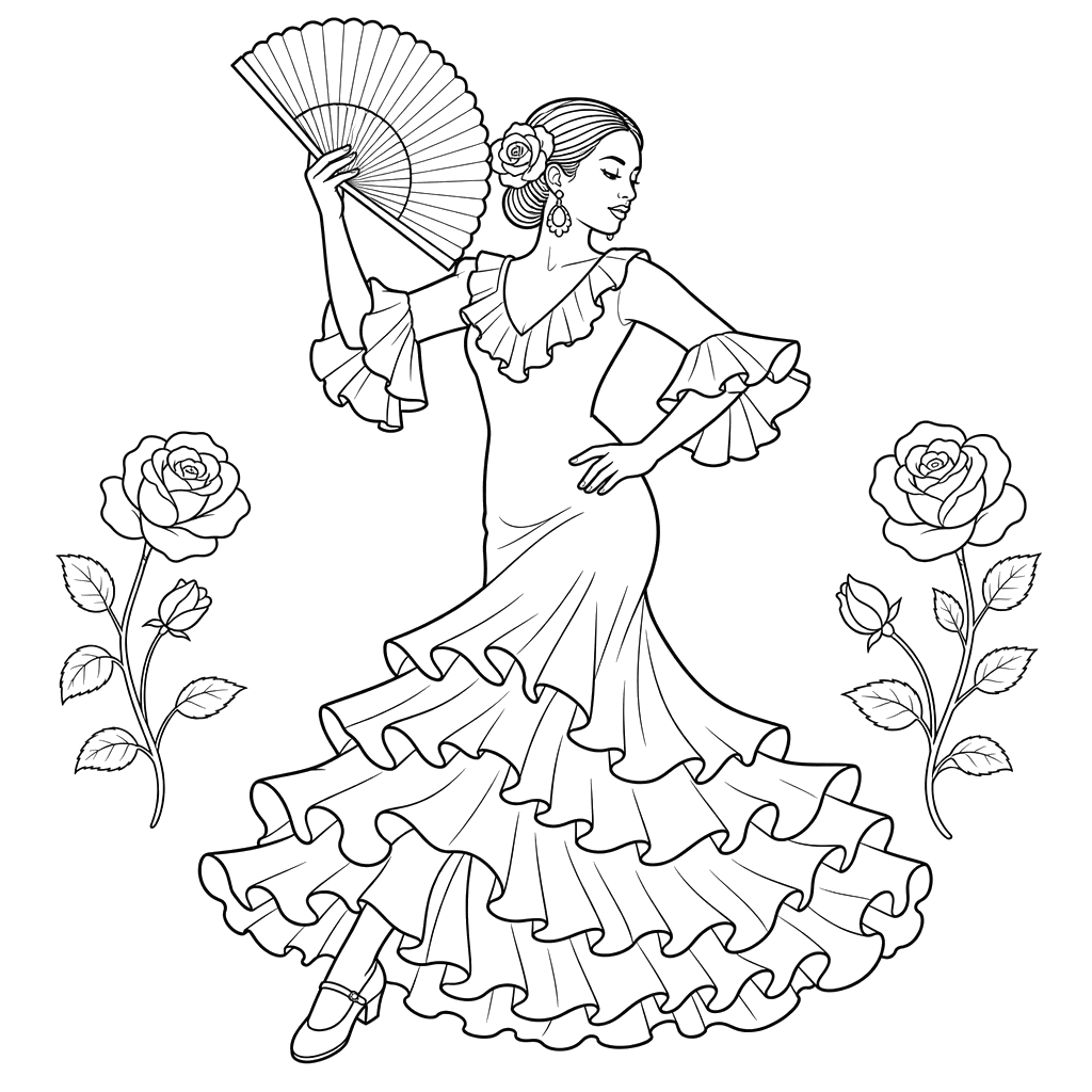 Flamenco Dancer with Fan Coloring Page